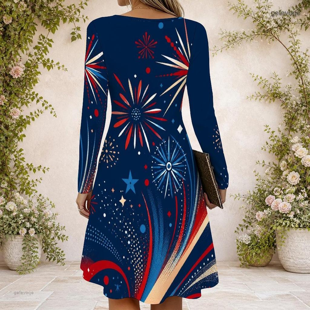 Women Cross V Neck Long Sleeve Dress Red Blue Geometric Abstract Print Irregular Hem Dress