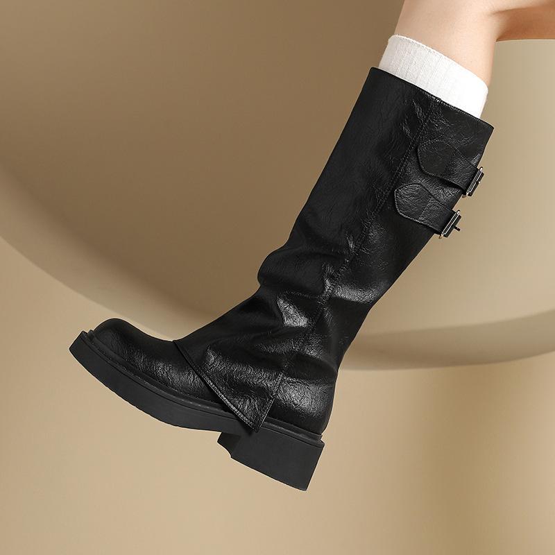 Maillard Retro Boots Women's 2025 Spring and Autumn But Knee Boots Knight Boots Thick-soled Pleated Trouser Tube Boots
