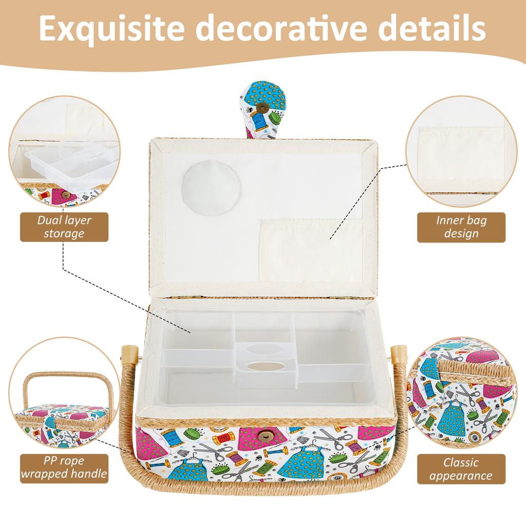 Sewing Basket with Removable Tray Practical Sewing Basket Organizer with Interior Pocket Portable Sewing Storage Box Stylish