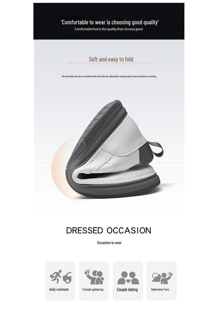 Men's Height-Increasing Platform Sneakers - Thick Sole, Cowhide White, Low-Top, Casual Sports Shoes for Spring