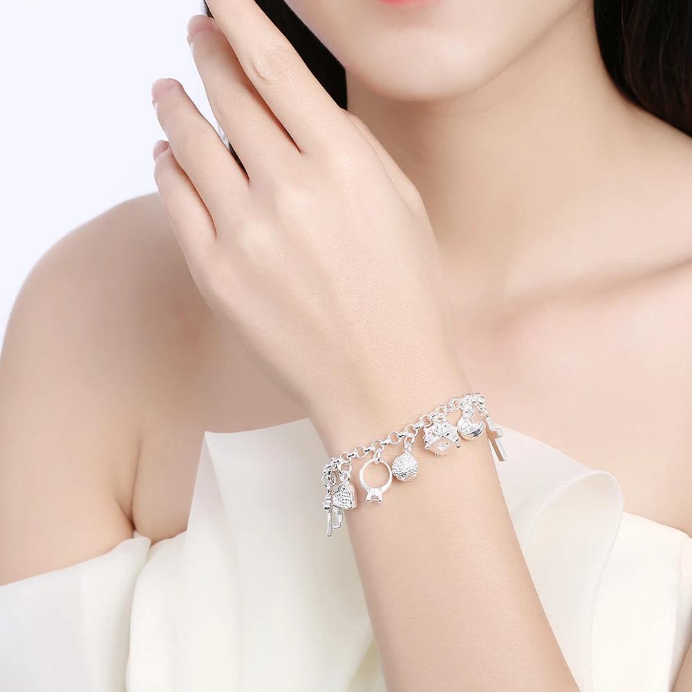 925 Silver Heart Zircon Pendant Bracelet for Women Wedding Party Jewelry 20cm