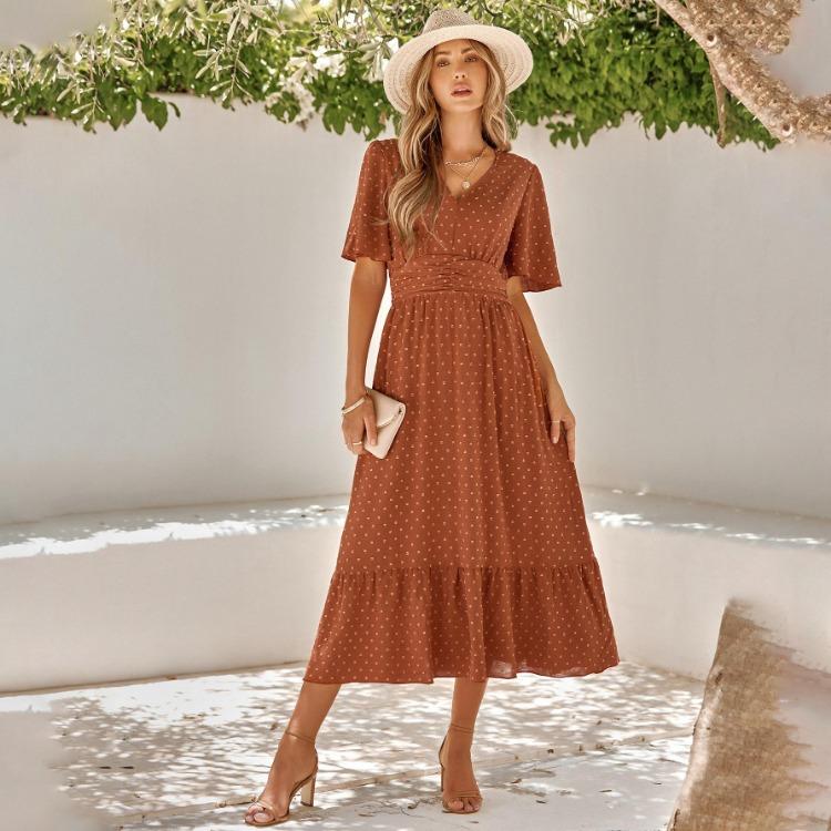 Women Summer Casual V-Neck High Waist A-Line Dress Long Sleeve Lotus Leaf Solid Color Spring Dress S-XL