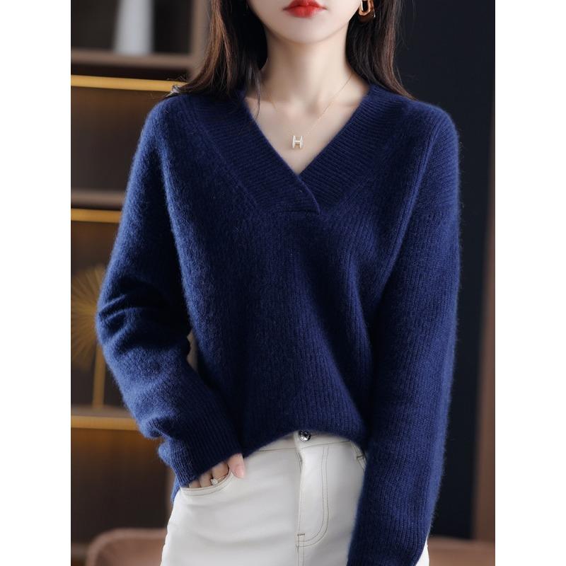 Autumn and Winter New V-neck Pullover Sweater Women's Fashion Loose Simple Knitted Thickened Tops Elegant Casual Solid Color Office Clothing