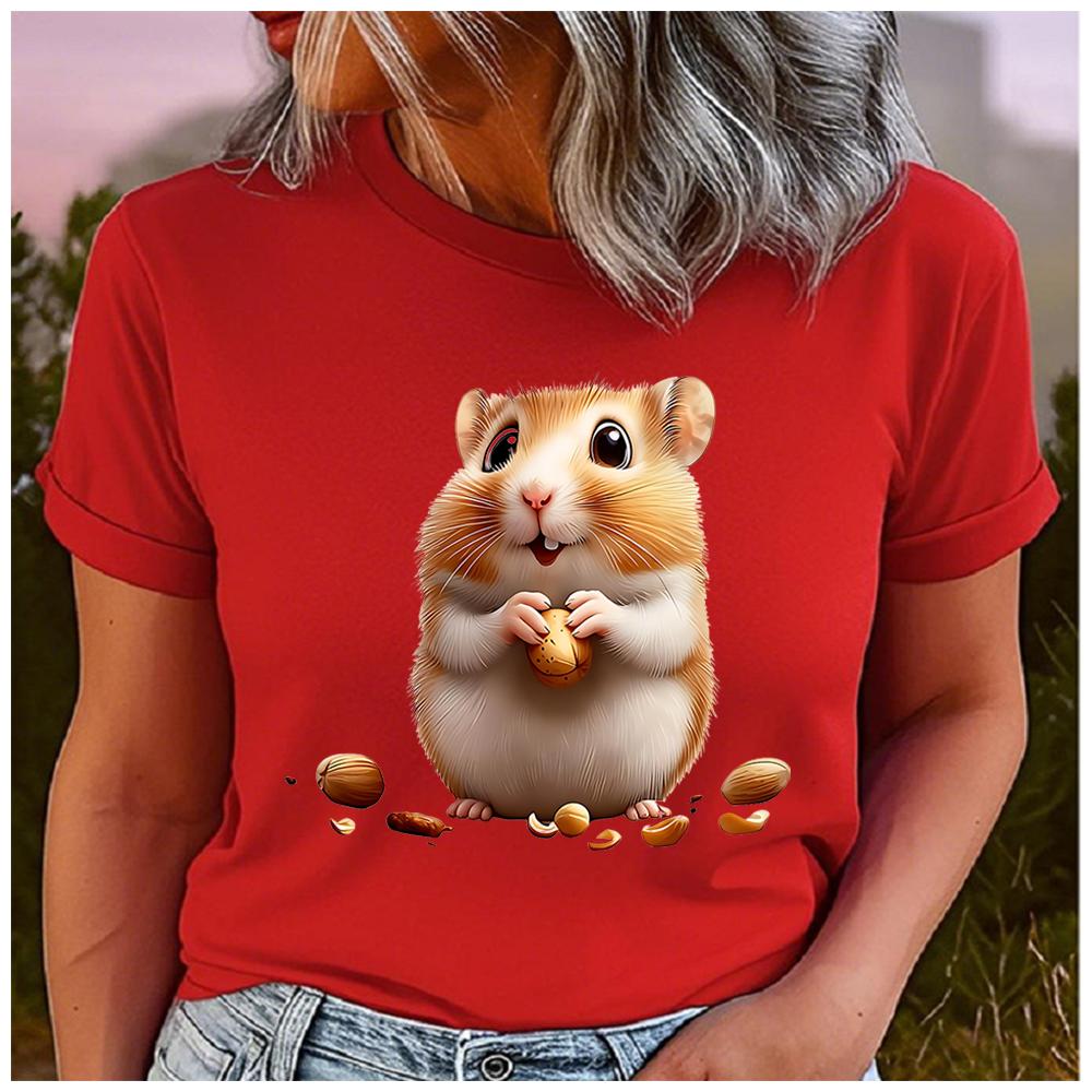 Unisex Cotton Summer Top A chubby cartoon little hamster Print Loose round Neck Short Sleeve Fashion for Lovers