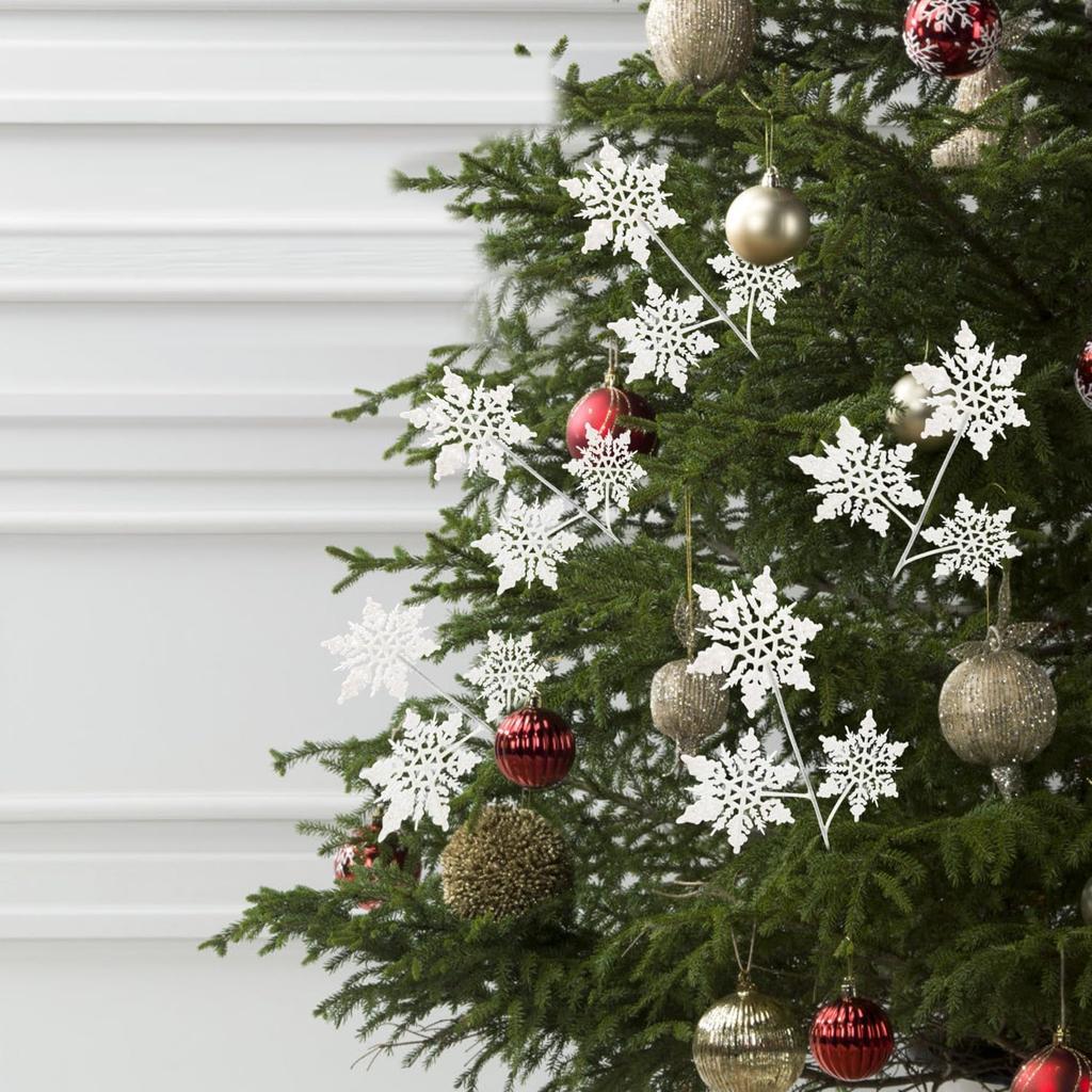 20 PCS Christmas Artificial Snowflake Picks & Sprays, Glitter Snowflake Decorations for Tree, Home, Party (White)
