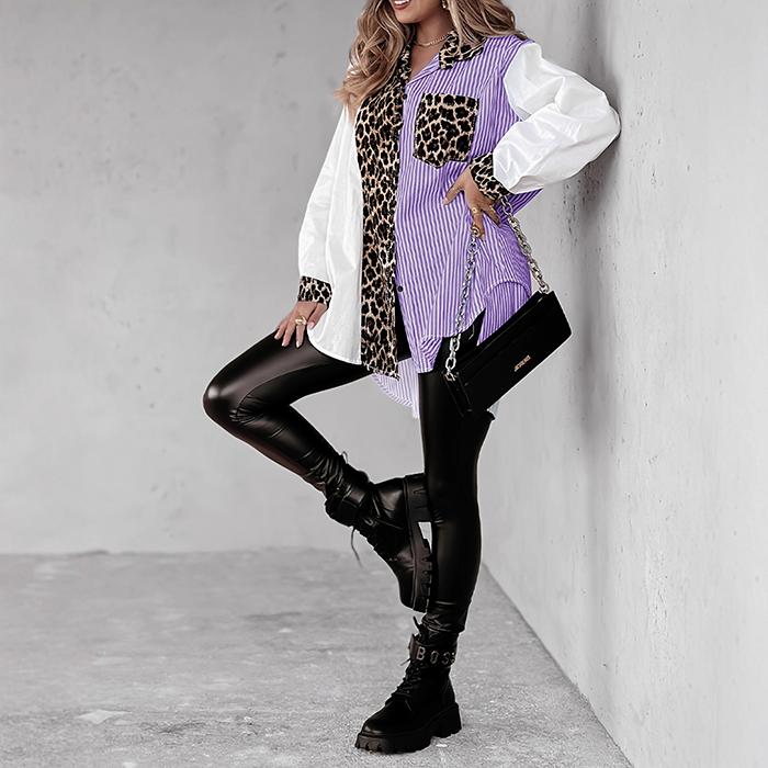 

Ladies Casual Long Sleeve Lepal Leopard Striped Splice Oversize Long Blouse Shirt Top XXL