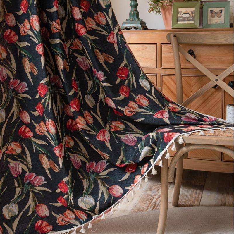 

Хлопково-льняная американская штора Тюльпан Жаккардовая штора с бахромой Готовые кухонные занавески Занавеска для эркерного окна Полузатемняющая штора-валенок для спальни W150 x H160cm&Rod Pocket