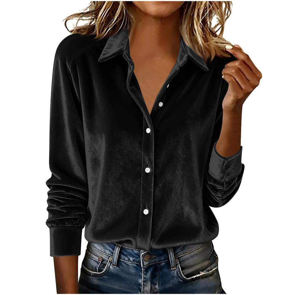Women's Fashionable Color Lapel Long Sleeved Casual Loose Gold Velvet Shirt Top