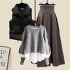 Women Large Loose Fake Two-piece Sweater Versatile Vest Slimming Half Skirt Three Piece Set