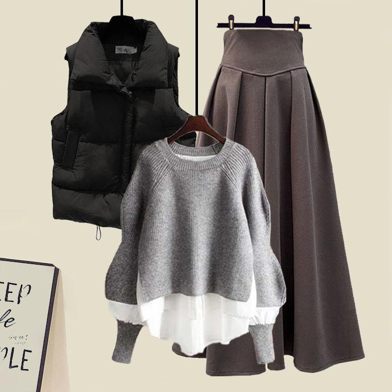 Women Large Loose Fake Two-piece Sweater Versatile Vest Slimming Half Skirt Three Piece Set