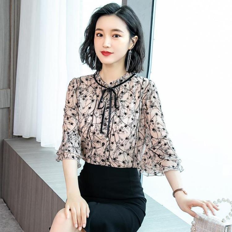 New Summer Floral Chiffon Top Women Short Sleeve Shirt Spring Fashion Blouse