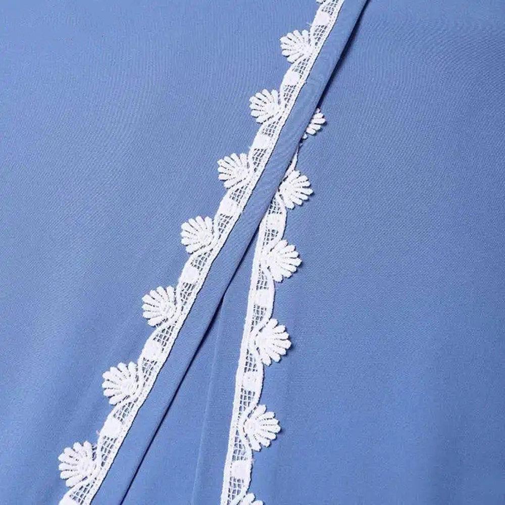 Muslim Women's Solid Color Lace Trim Casual Dress with Long Sleeves