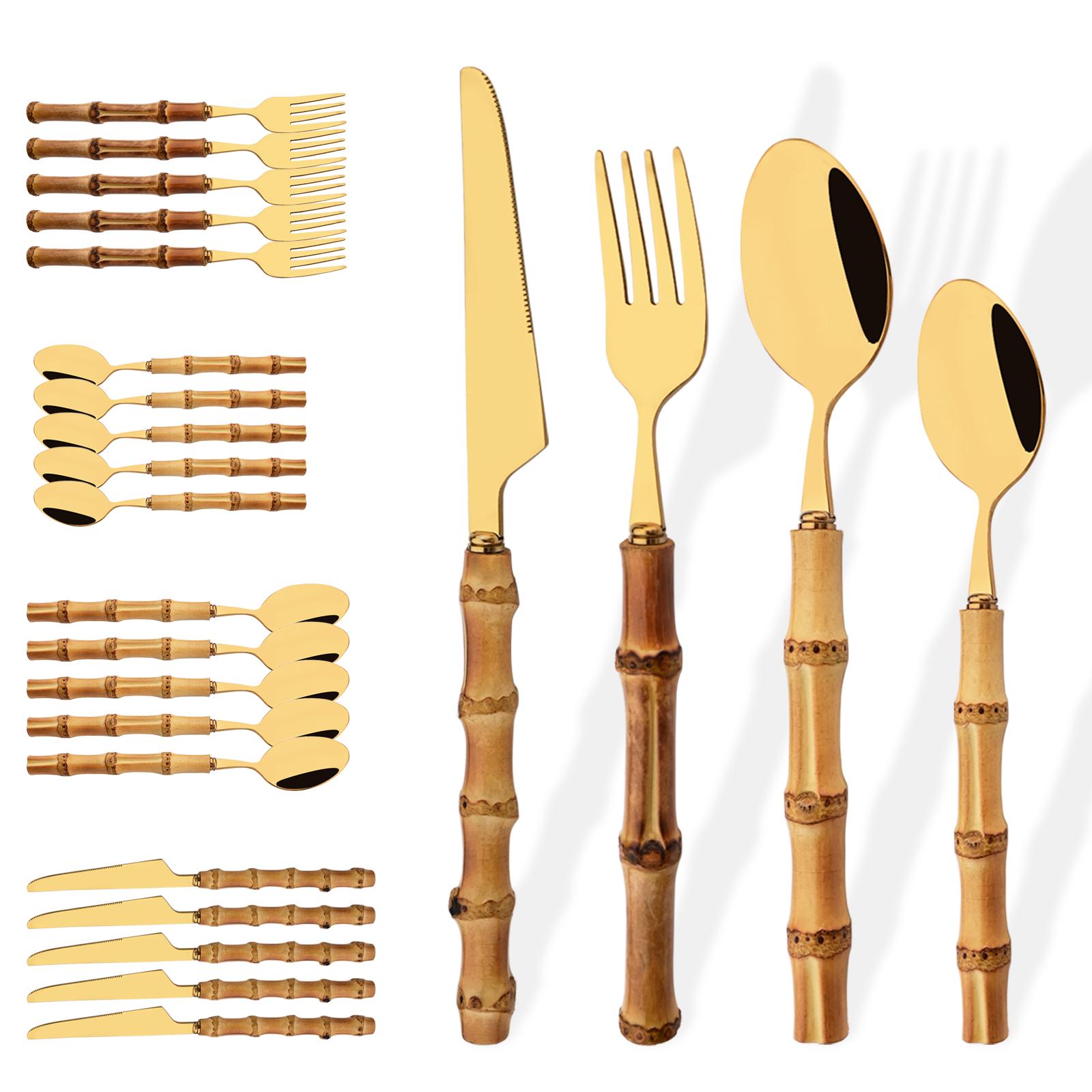 

24Pcs Bamboo Handle Flatware Cutlery Set Stainless Steel Tableware Dinner Knives Forks Spoons Set For Home Restaurant золотий