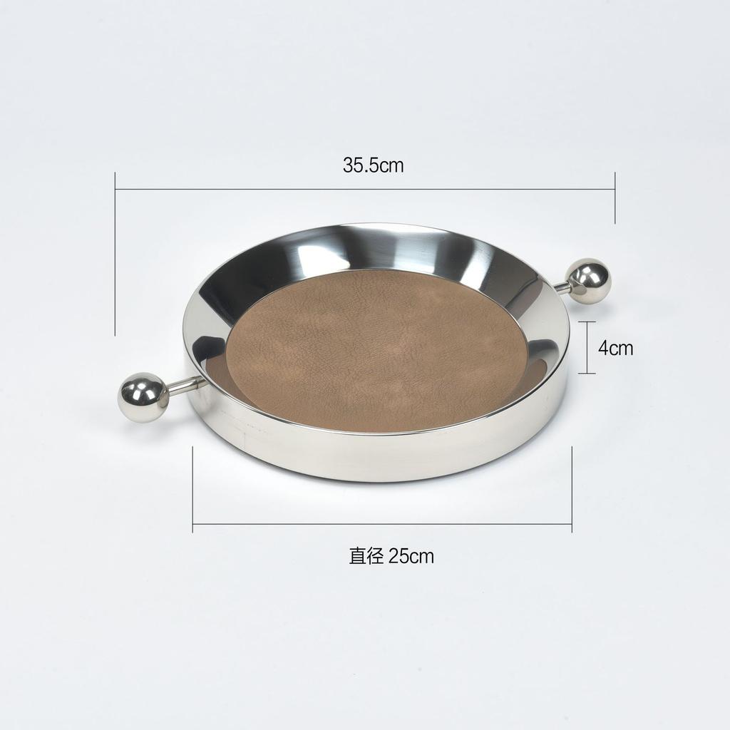 Stainless Steel Metal Mirror Leather Tray Circular Silver Handle Plate Desktop Storage Container Jewelry Tray Fruit Plate