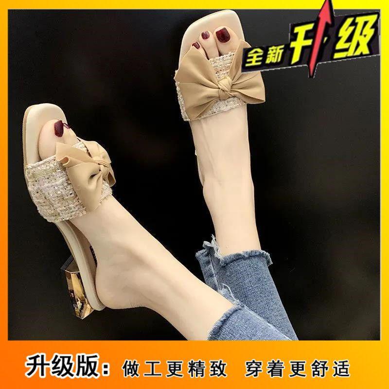 2025 New Low-heeled Cool Slippers Women Wear Bows Internet Celebrities Thick Heel Summer One-word Drag Fashion Versatile Sandals