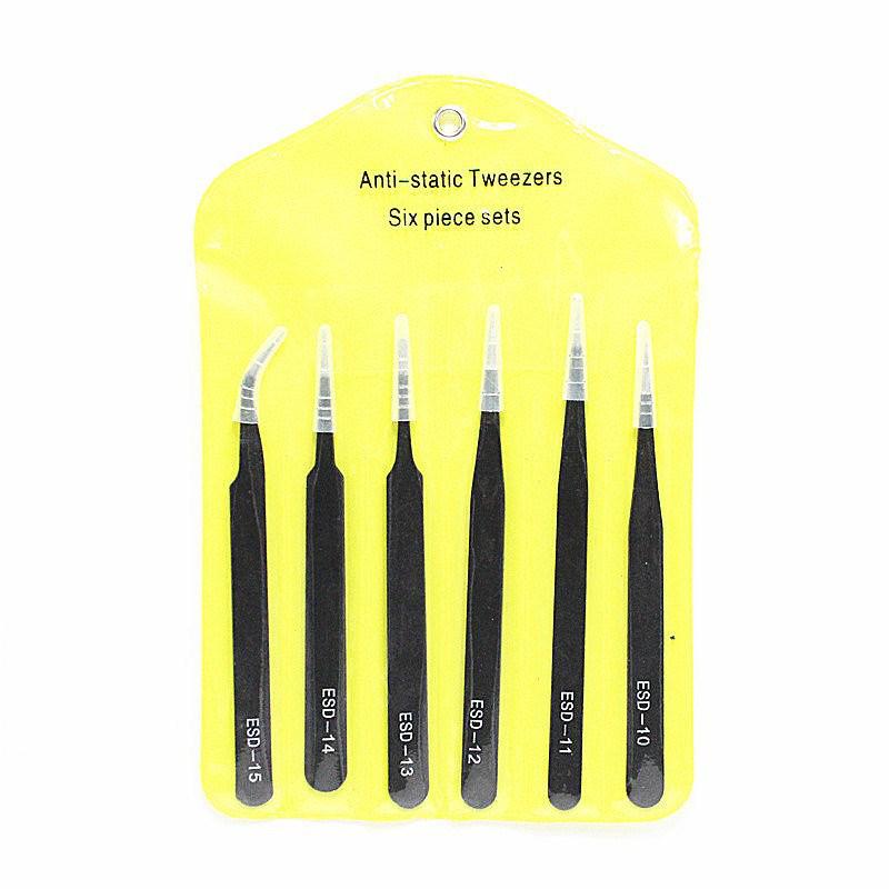 6-Piece Tweezer Set with Yellow Bag - Includes Pointed and Elbow Aquarium Clamps