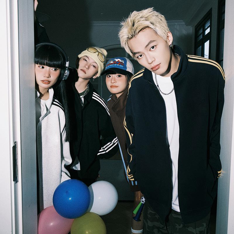 Men's Trendy Striped Stand Collar Jacket for Spring/Autumn - Contrast Color Three-Stripe Cardigan Sweater for Couples.