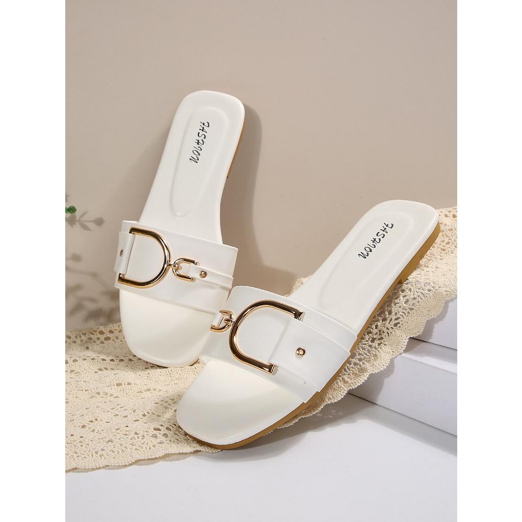Women's Shoes, New Fashion Slippers, Classic Temperament Match, Solid Color Metal Decoration Square Head Flat Sandals