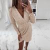 Women's New Solid Color V-Neck Sexy Sequined Lace Mesh Stitching Hem Slit Dress