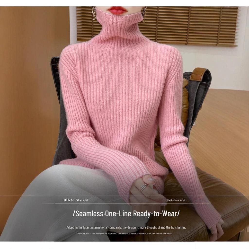 High-Neck Ribbed 100% Wool Seamless Sweater