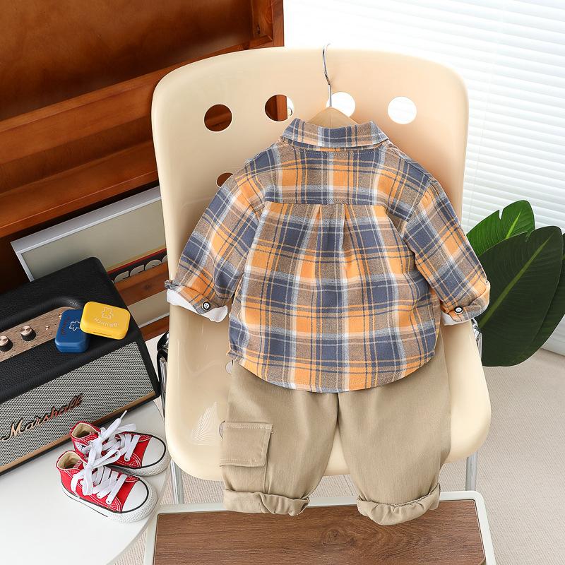 Children's Spring and Autumn Set 2025 New Boys' Fashionable Children's Checkered Shirt and Jeans Three Piece Set Kids Outfits