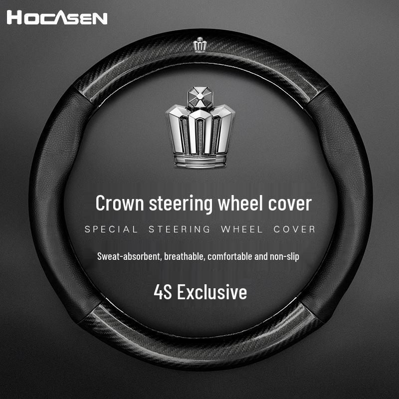 Compatible Genuine Leather Steering Wheel Cover for Crown Models (12th-14th Gen, 2005-2021) - Carbon Fiber Design