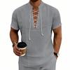 Sommer Herren Retro Trend Kordelzug Design Henry V-Ausschnitt Strand Leinen Kurzarmhemd