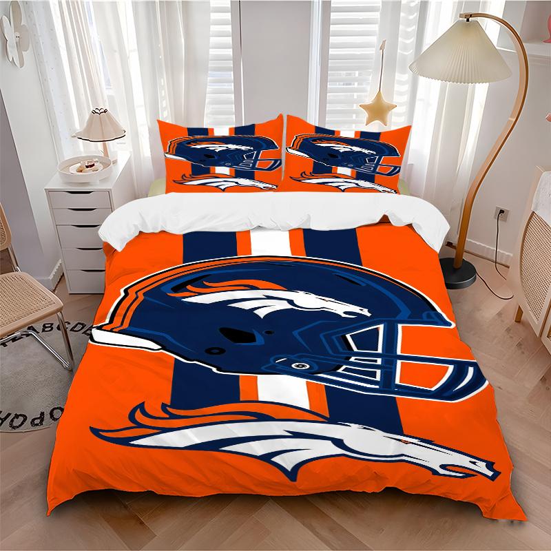 3 pz Denver Broncos Casco & Logo Cavallo Bronco Strisce Arancioni Decorazione per la Casa Set Biancheria da Letto-Tuta Universale a Tre Pezzi per Camera da Letto, Camera degli Ospiti, Soggiorno
