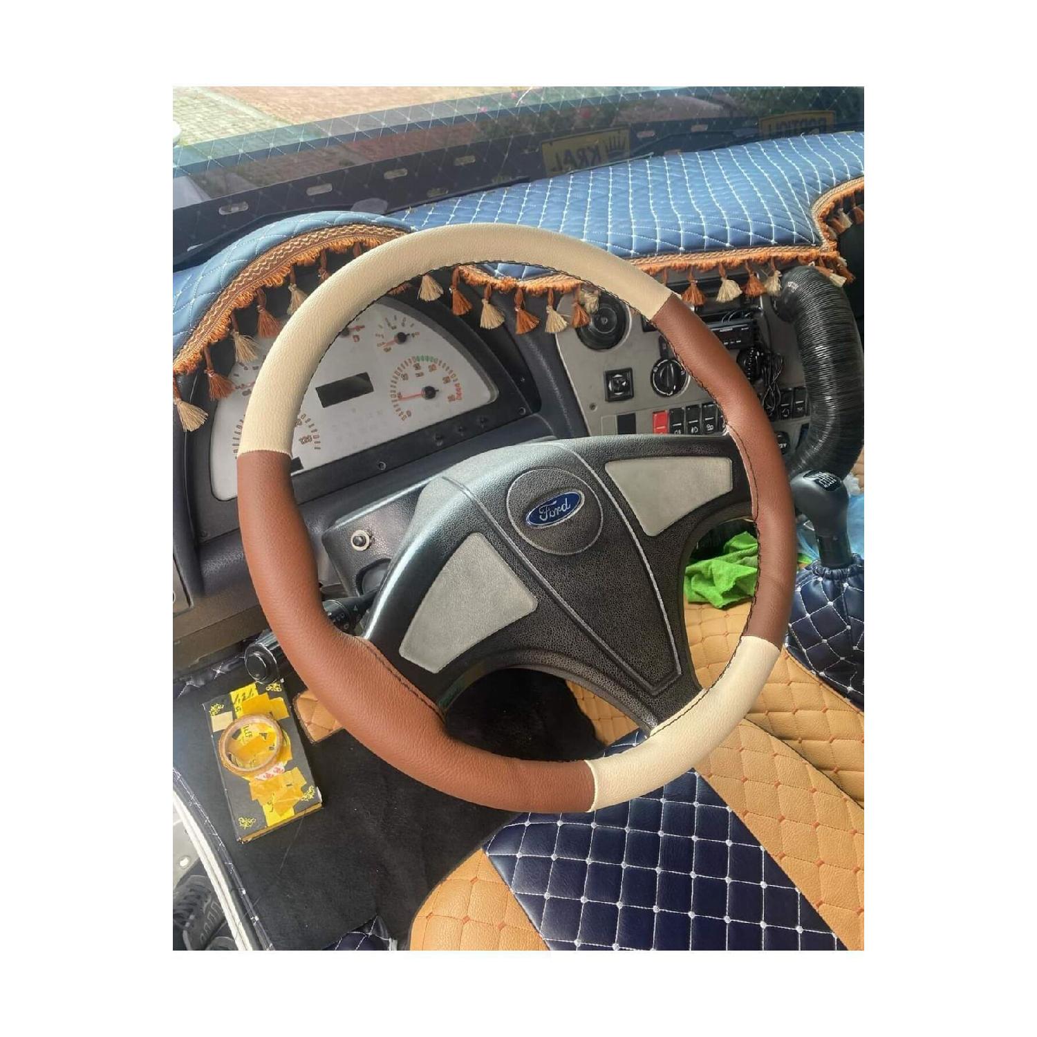 

Stitched Leather Steering Wheel Cover 66 Tan/beige Leather Black Stitched For Ford 3230s Fast Shipping