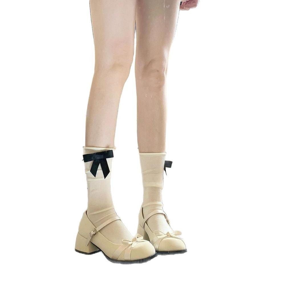 French white Mary Jane women's shoes spring and summer new versatile bow light mouth single shoes satin small leather shoes