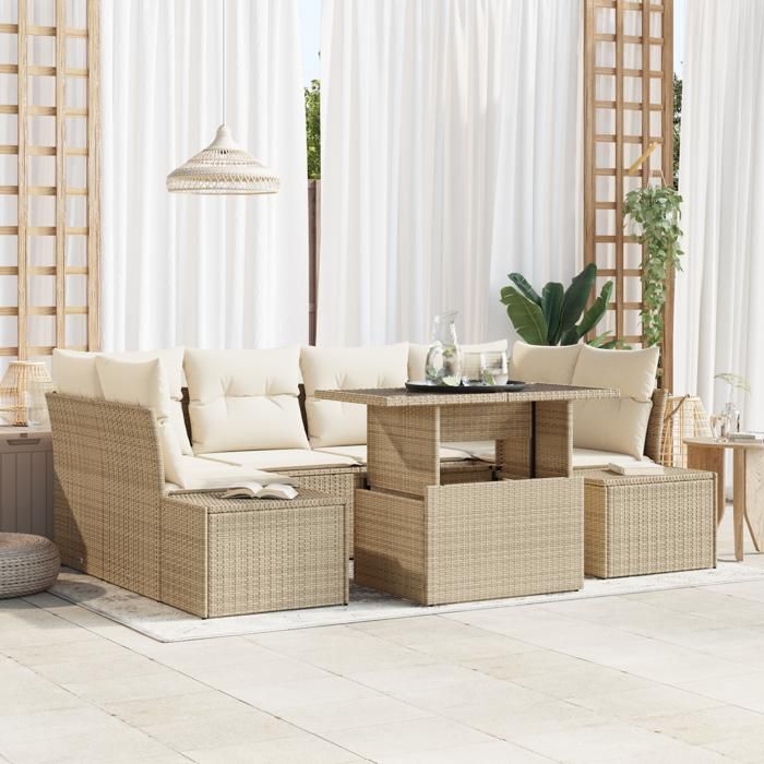 VidaXL Ensemble de canapé de jardin 7 pièces avec coussins beige en rattan poly 3349117