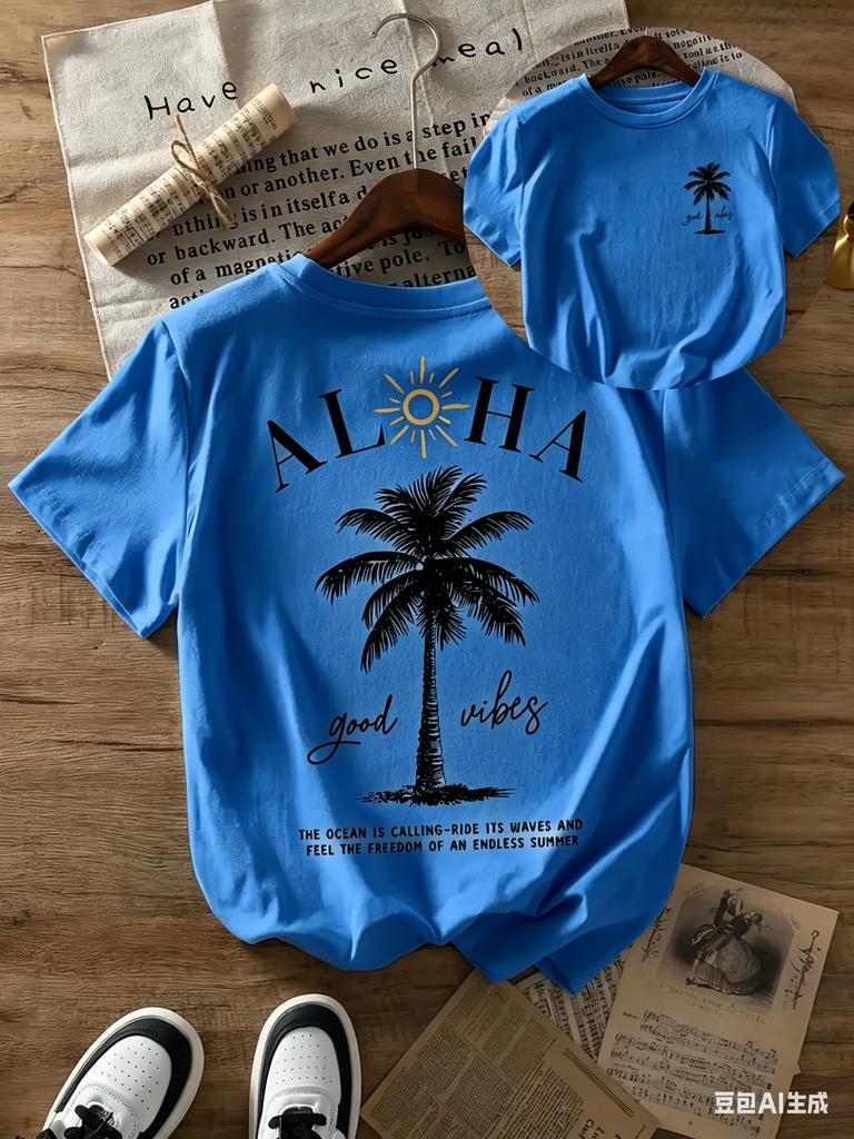 Casual Retro Shortsleeved Tshirt Palm Tree And Sun Pattern Round Neck Light For Summer Beach Outing Summer Casual Wear