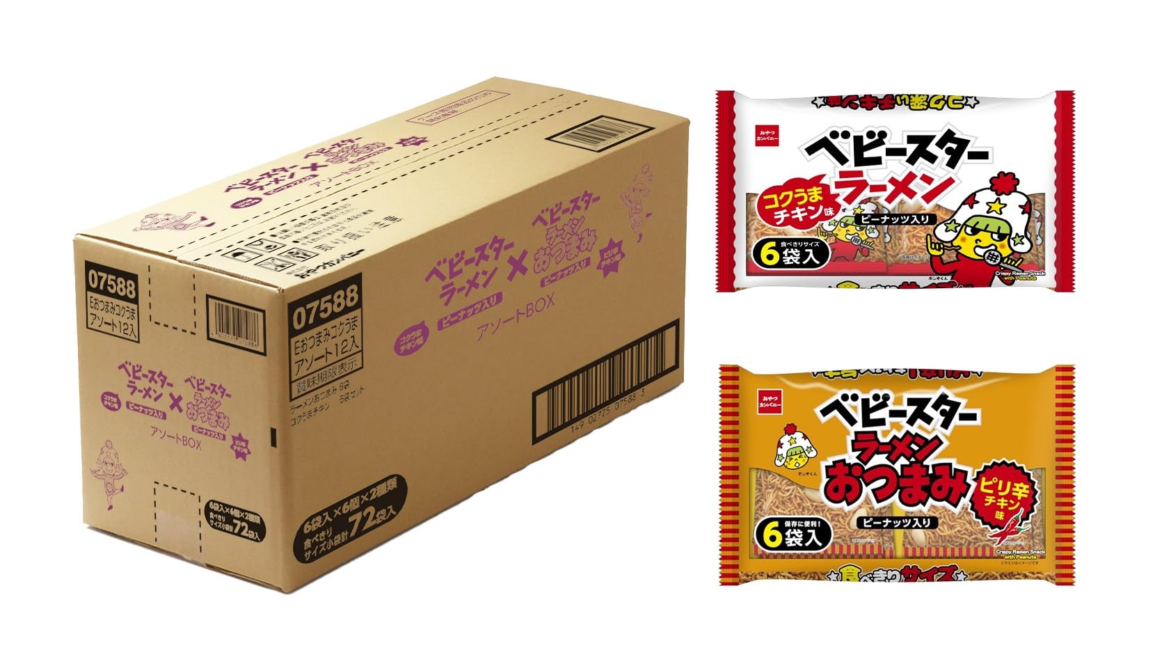 

Oyatsu Company Baby Star Ramen Assortment Box Spicy Chicken Flavor Packets 6 Rich Chicken Flavor 6 Packets x 12 Packets Snacks, 2-Variety (6 +