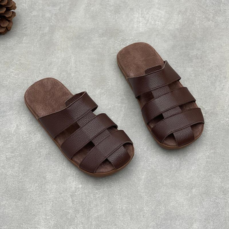 Johnature Genuine Leather Flat Slippers Weaving Hollow-out Breathable Casual Women's Slip-on Shoes