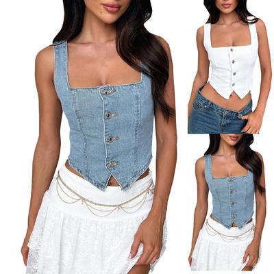Damen Jeansweste mit geknöpften Trägern, einfarbig, Hosenträgertop
