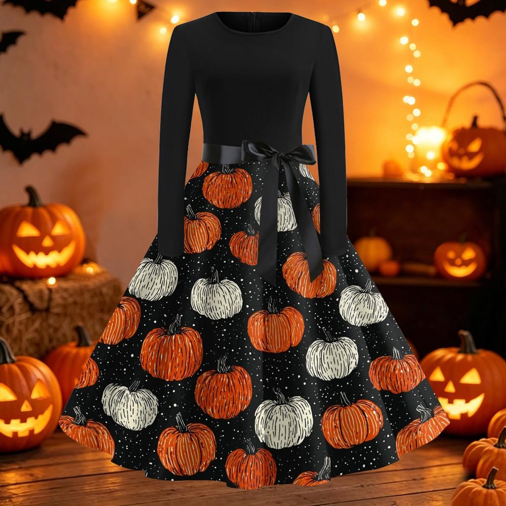 Womens Casual Long Sleeve Halloween Dress Round Neck Fit and Flare Midi Dress with Printed Skirt and Waist Tie Belt