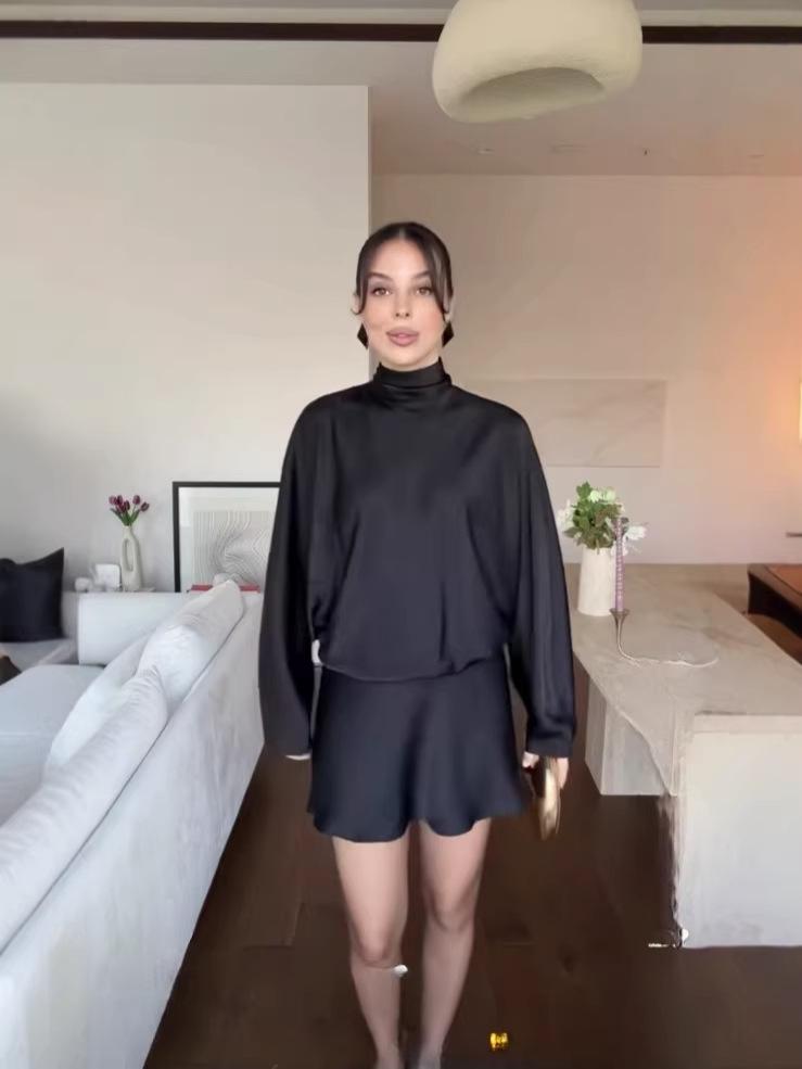 2026 Trendy European & American High Neck, High Waist Satin Long Sleeve Solid Color Short Dress
