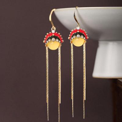 Elegant Tassel Earrings: Retro Red Peking Opera Mask Design for Women