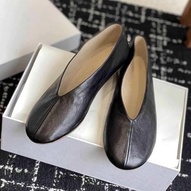 Cowhide version~ niche new simple round head soft leather grandma shoes French versatile one-pedal comfortable flat-soled single shoes