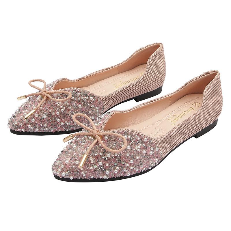 Single Shoes Women's Summer New Versatile Pointed Laden Shoes Flat Sequins Bridesmaid Shoes Fat Feet Large Size Women's Shoes