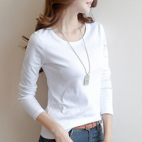 Women's White Long-Sleeve Slim Fit Solid T-Shirt - Autumn/Winter Korean Style