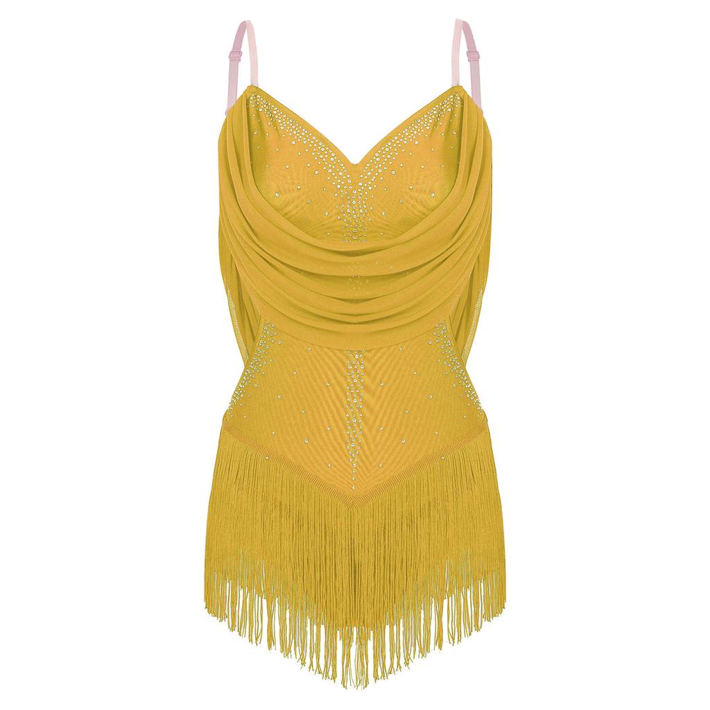 Womens Dance Leotard Ruched Mesh Drapes Glittery Rhinestones Adjustable Straps Cutout Fringe Bodysuit Performance Wear