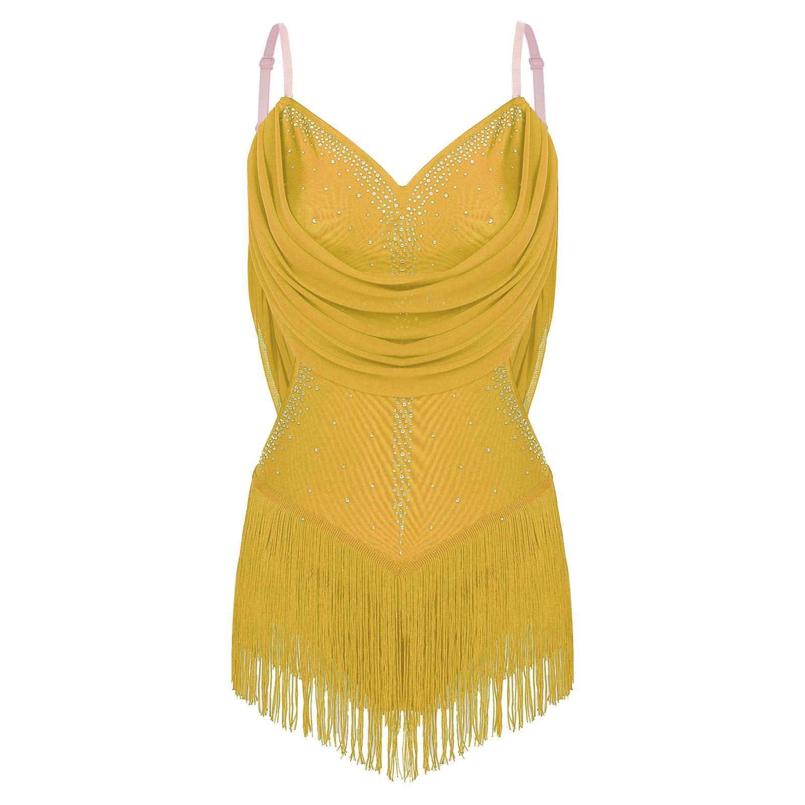 

Жіночий танцювальний купальник з драпіруванням з сітки, блискучими стразами, регульованими бретелями, вирізом та бахромою, боді для виступів M жовтий