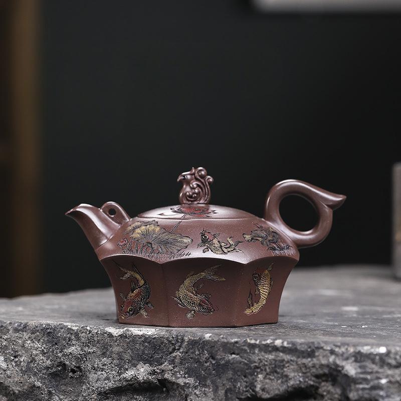 

300ml Luxury Yixing Purple Clay Teapots Handmade Nine Fish Pot Raw Ore Dragon s Blood Sand Kettle With Strainer Zisha Tea Set