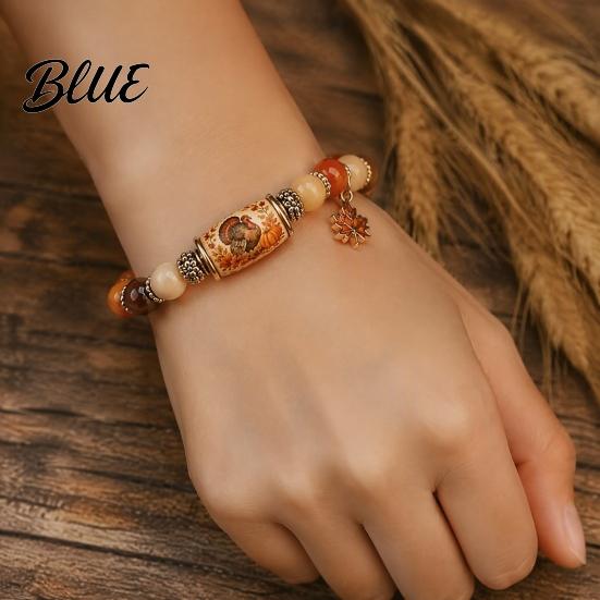 Thanksgiving Beaded Bracelet for Women Holiday with Greeting Card Gift Maple Leaf Charm Elastic Stretch Fall Harvest Jewelry Theme Women