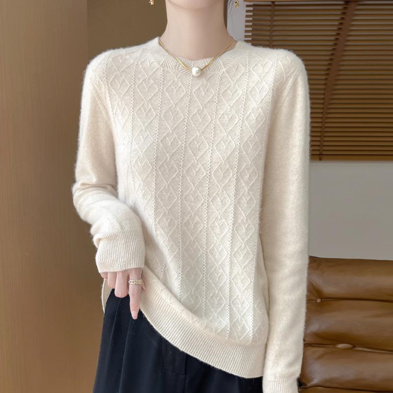 Updated Seamless One-line Cardigan Round Neck Floral Pullover Wool Knit Top for Women