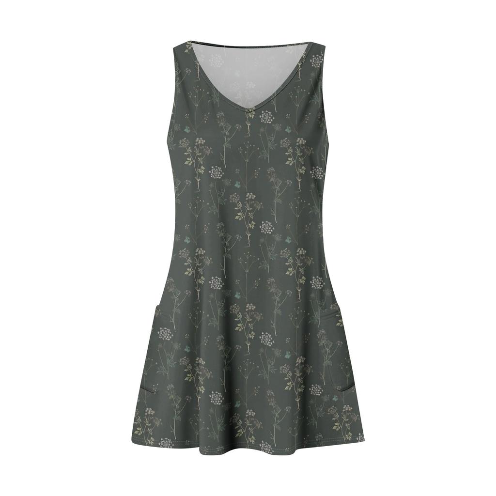 Women's Casual Fashion V-neck Sleeveless Floral Print Side Pocket Dress