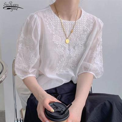 Casual Bubble Sleeve Loose Tops Fashion Embroidered Silk Womens Blouse O Neck Summer Flowers Chiffon Shirts White Blusas 15614