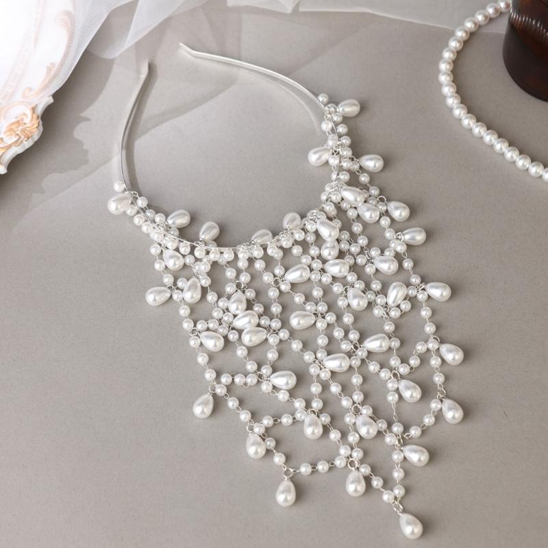 Women Hairband Pearls Hair Jewelry Bridal Modern Blingbling Tassels Pearls for Bride Wedding Party Head Cluster