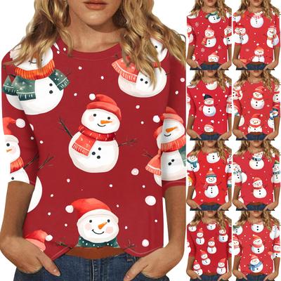 3/4 Sleeve Shirts For Women Print Tees Blouses Casual Plus Size Basic Tops Pullover
